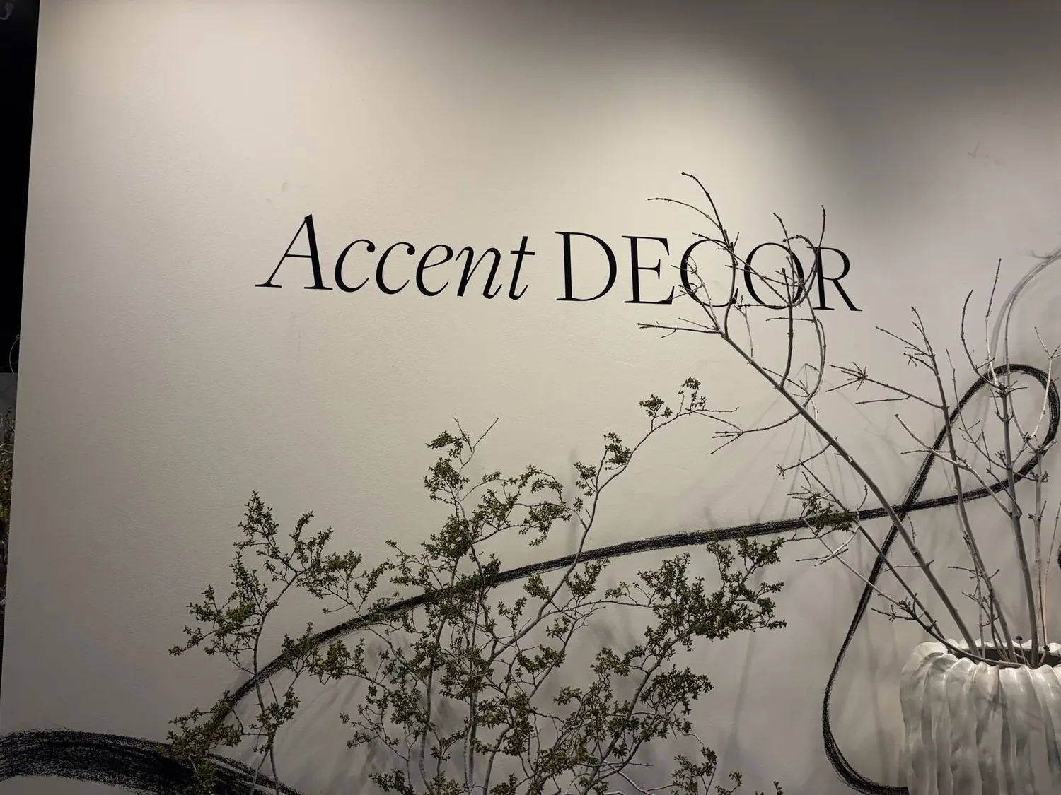 A wall with the text 'Accent DECOR' and decorative branches in front of it
