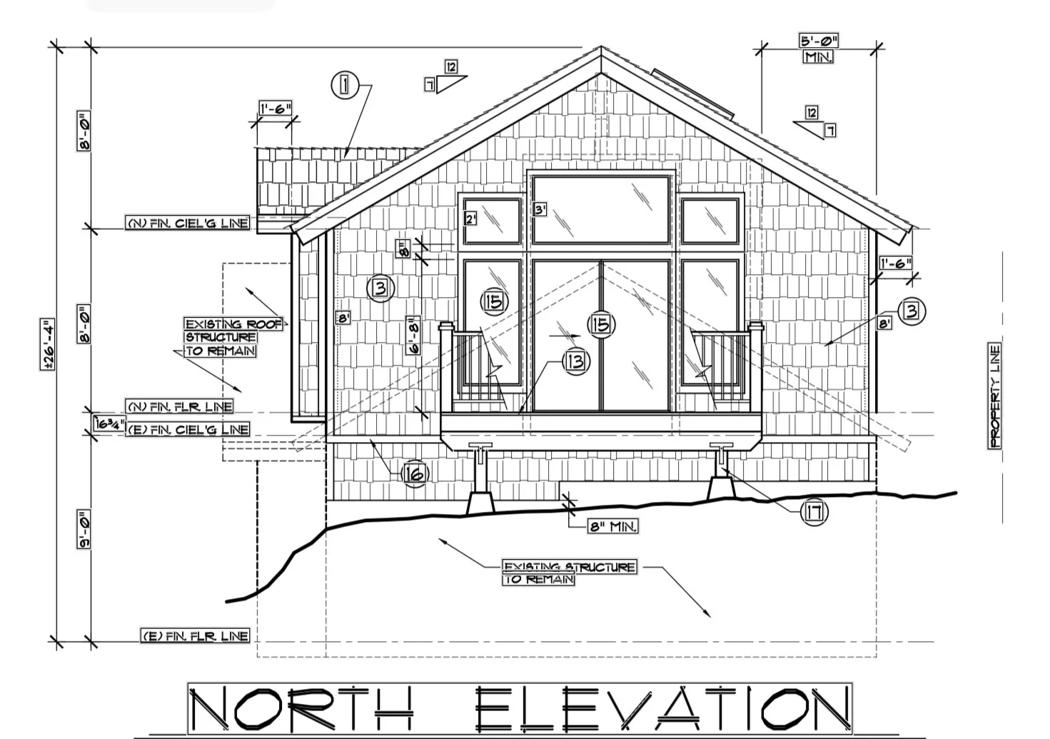 Architectural north elevation drawing of a house showing windows, roof, and structural details