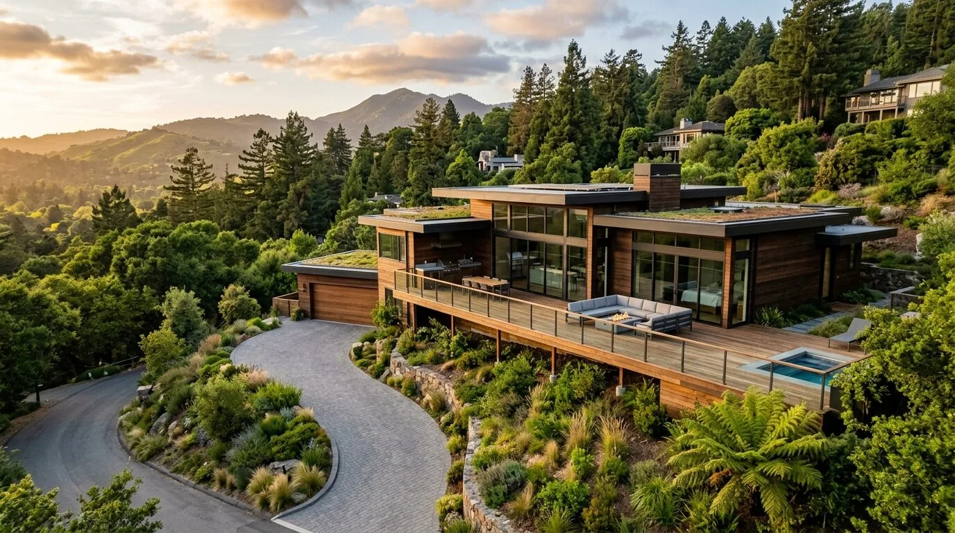 A modern hillside house with large glass windows, wooden exterior, a spacious deck with outdoor seating and a small