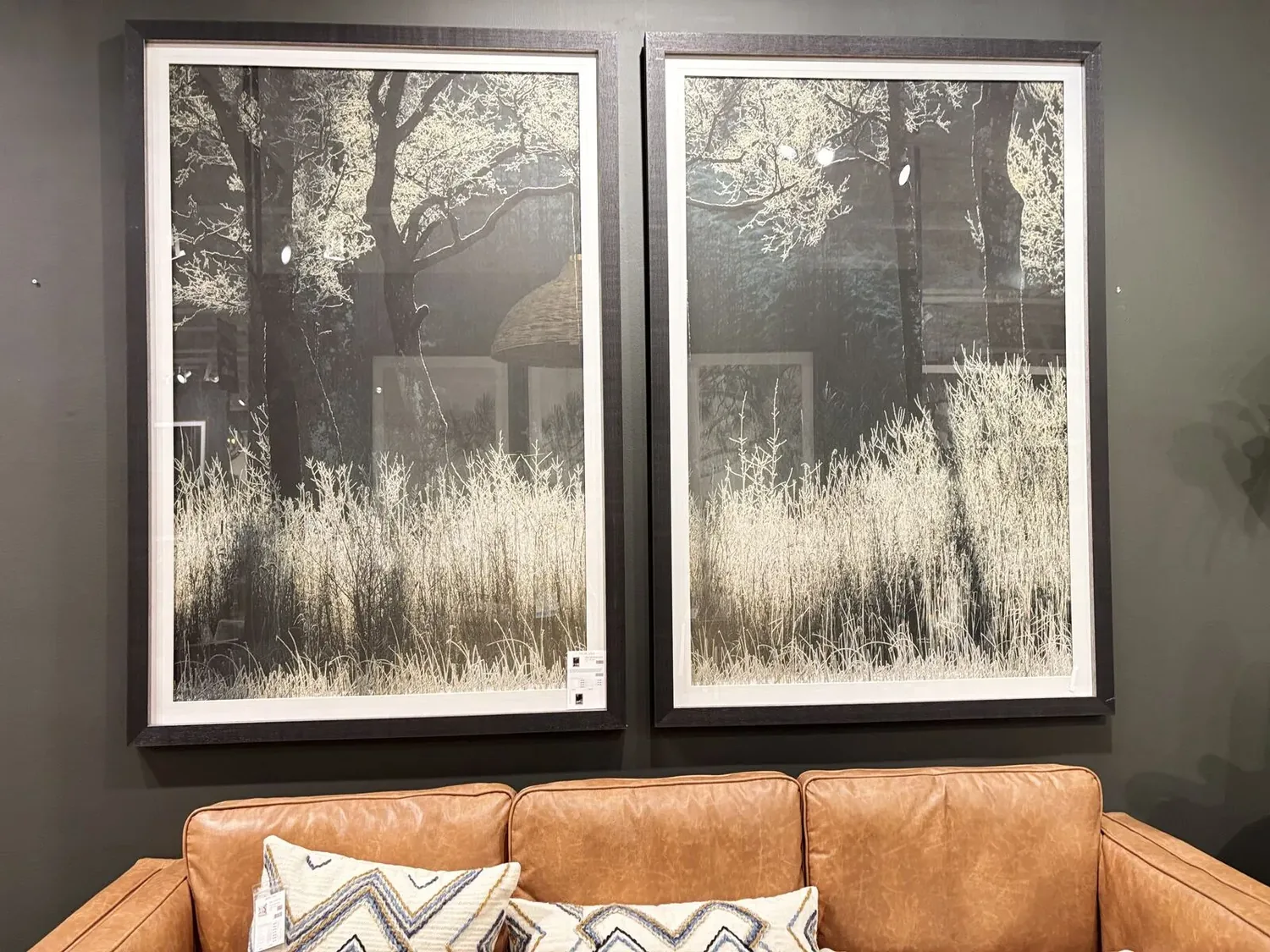 Two framed black and white nature prints of trees and grass hanging above a tan leather sofa with patterned pillows
