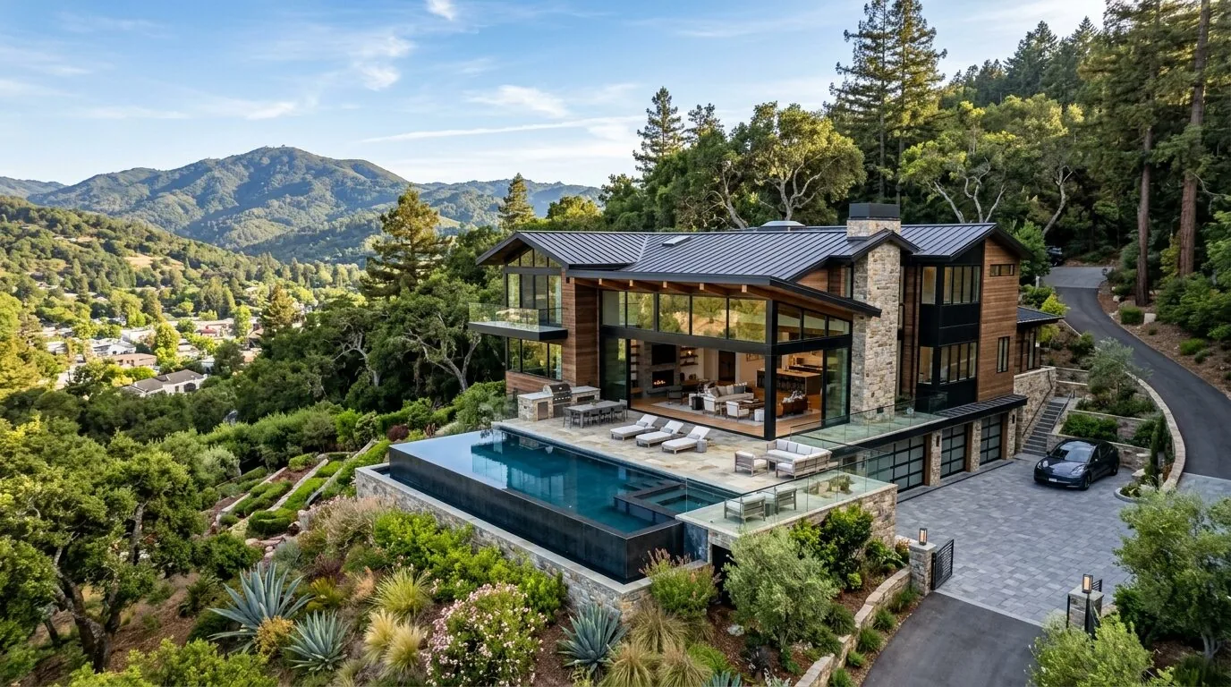 A modern hillside house with large glass windows, an infinity pool, and a spacious outdoor patio surrounded by lush