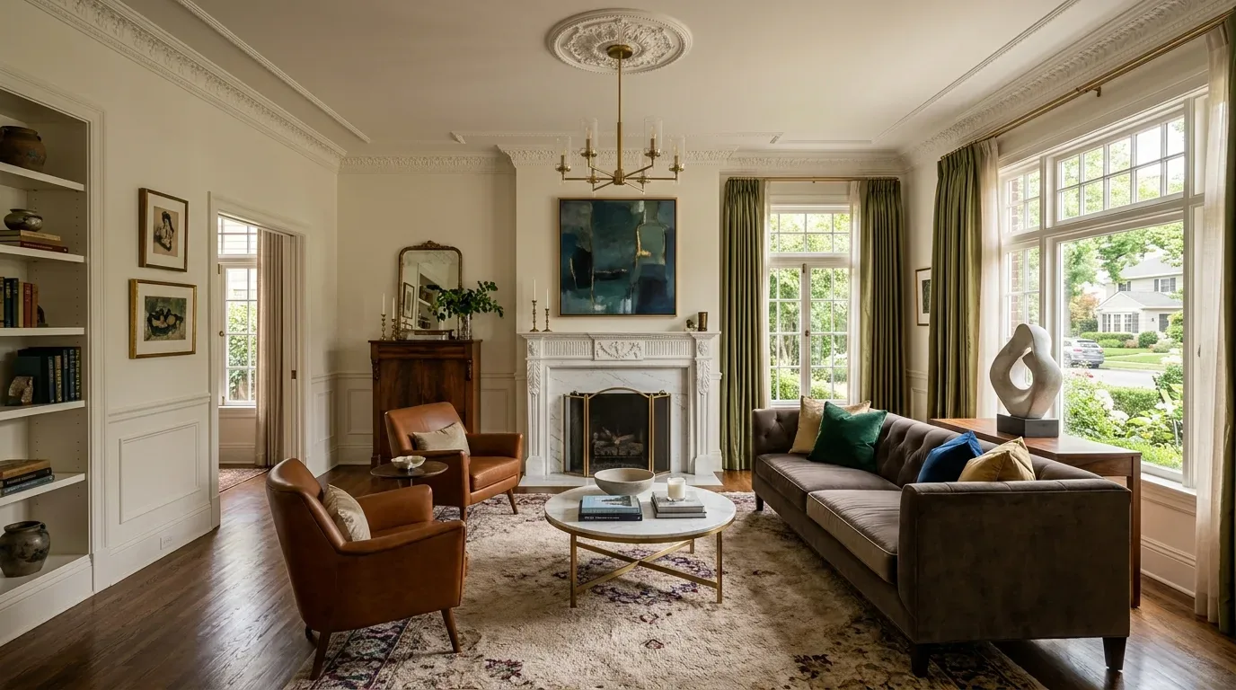A classic living room with a white ornate fireplace, brown leather chairs, a dark sofa, large windows with green curtains, and a round coffee table on a