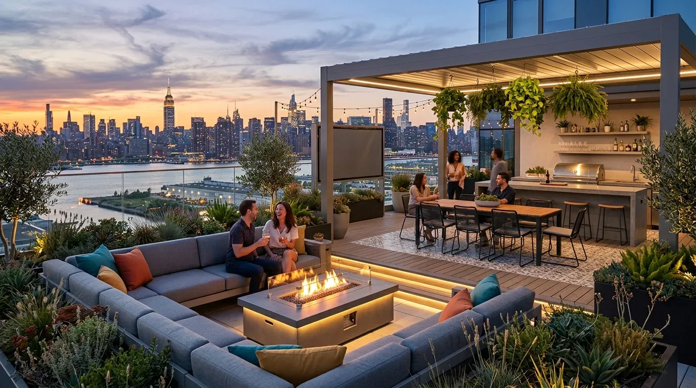 A modern rooftop outdoor living space with a fire pit seating area, dining table, and outdoor kitchen overlooking a city skyline at sunset