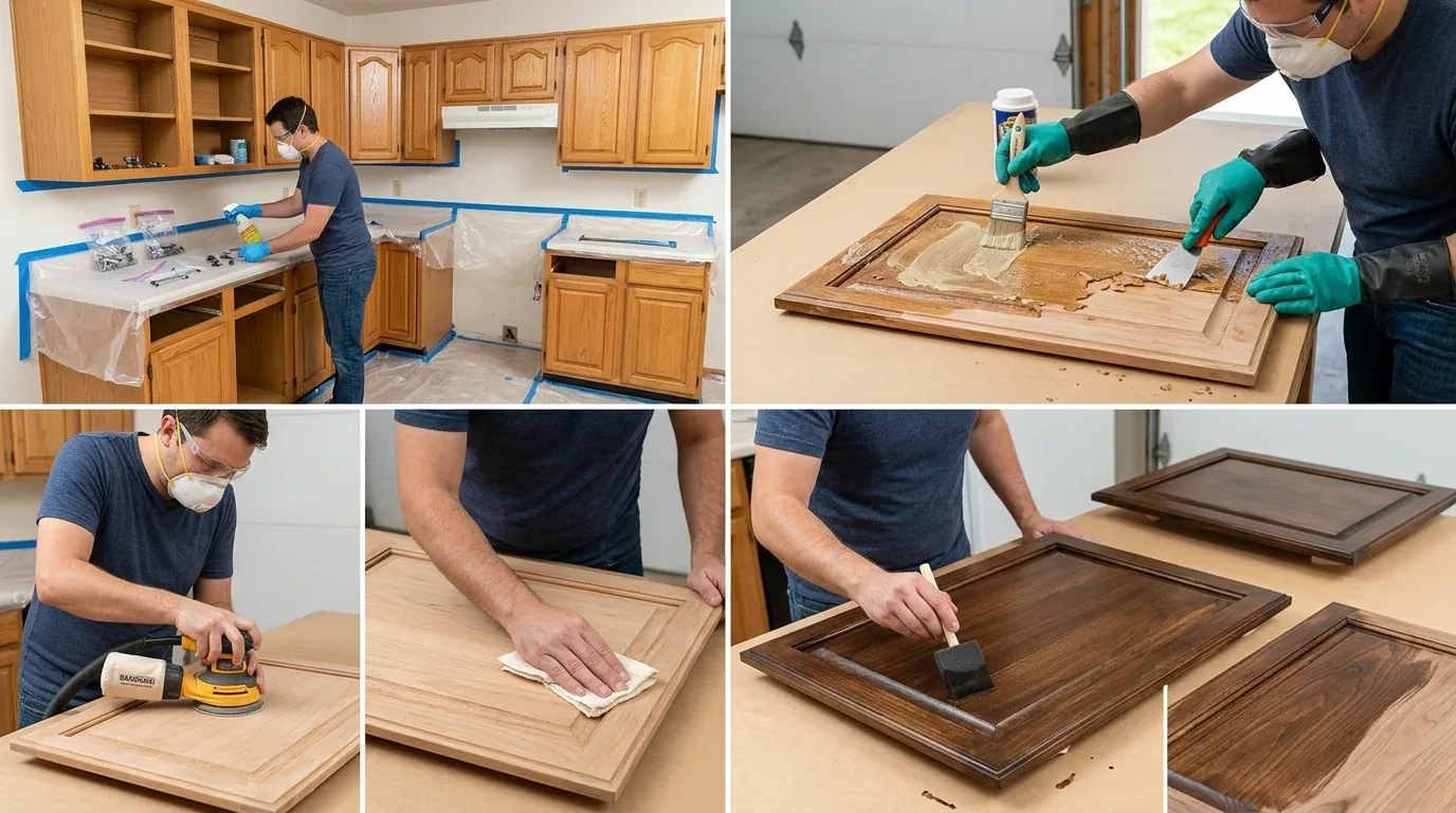 A person refinishing wooden kitchen cabinet doors by stripping, sanding, cleaning, and staining them in a kitchen setting