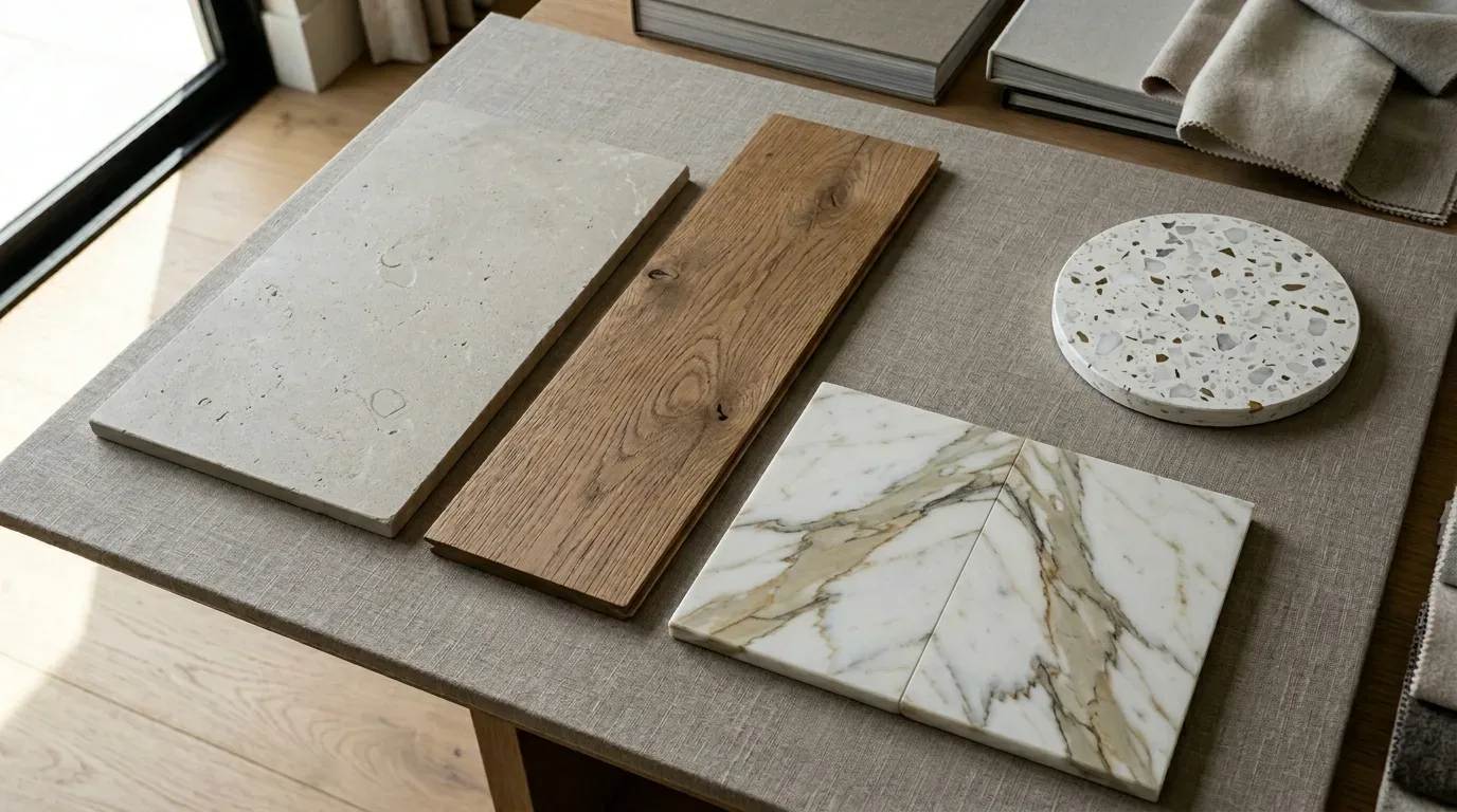 A selection of interior design material samples including stone, wood, marble, and terrazzo on a fabric-covered table