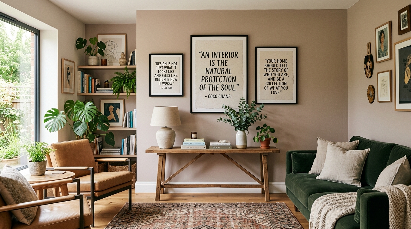 A cozy living room with a green velvet sofa, leather chairs, wooden table, plants, and framed inspirational quotes
