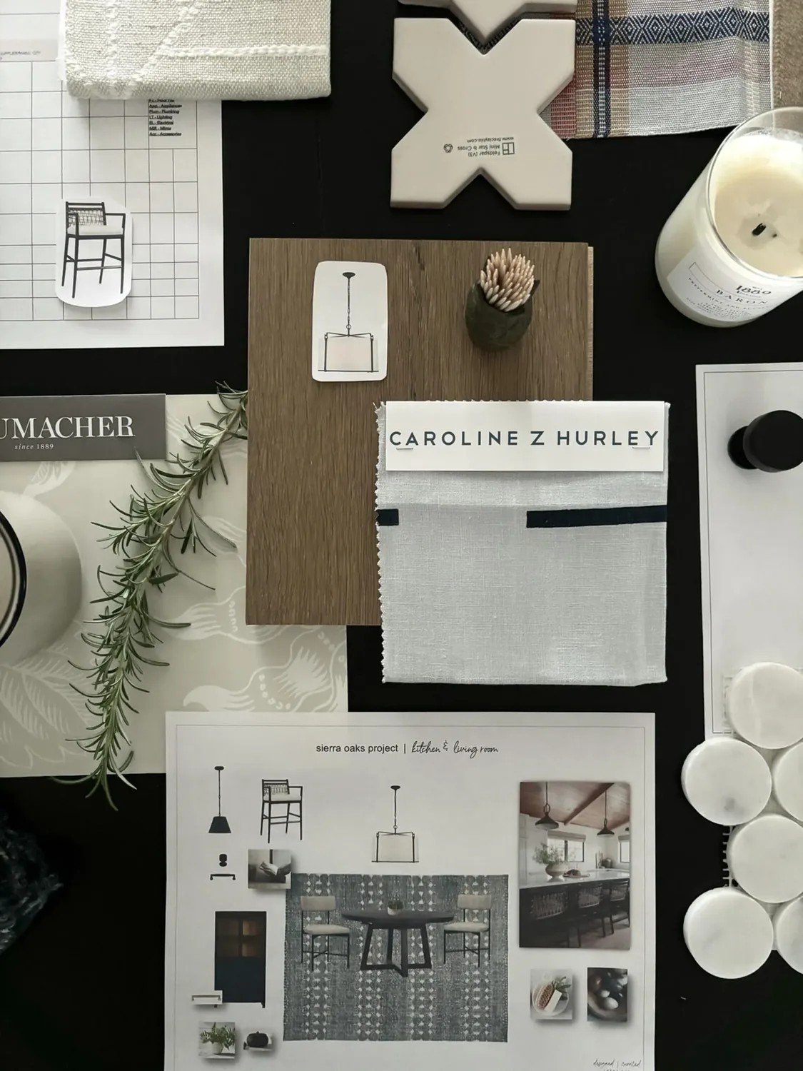 A kitchen countertop with a white mug, two scones on a plate, and an open magazine showing an interior design image.