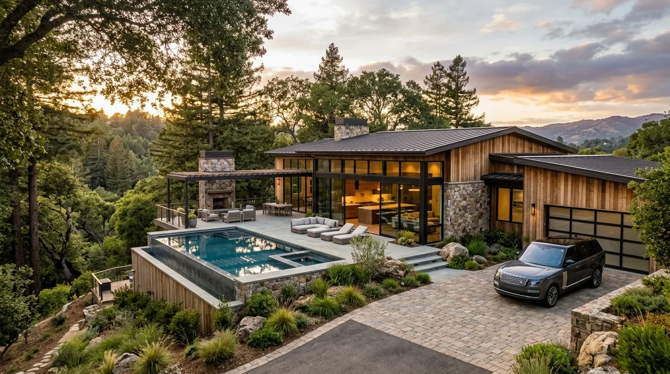 A modern house with large glass windows, a stone and wood exterior, an outdoor pool, patio furniture, and a driveway