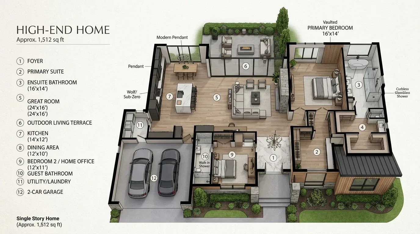 3D floor plan of a high-end single story home showing labeled rooms including foyer, primary suite, ensuite bathroom