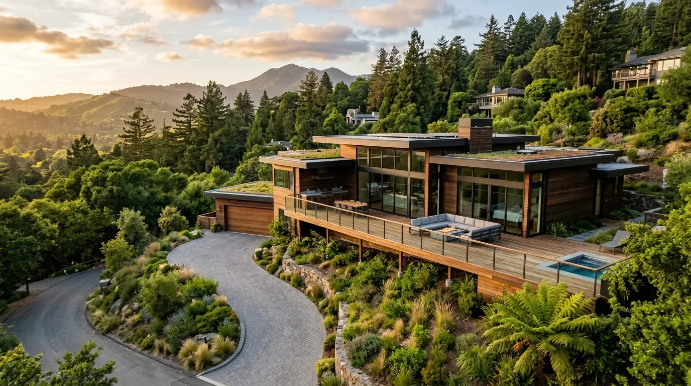A modern hillside house with large glass windows, wooden exterior, a spacious deck with outdoor seating and a small pool, surrounded by lush greenery and mountains in the background