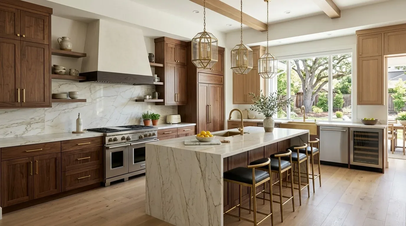 A modern kitchen with marble countertops, wooden cabinetry, gold fixtures, and large windows overlooking a garden