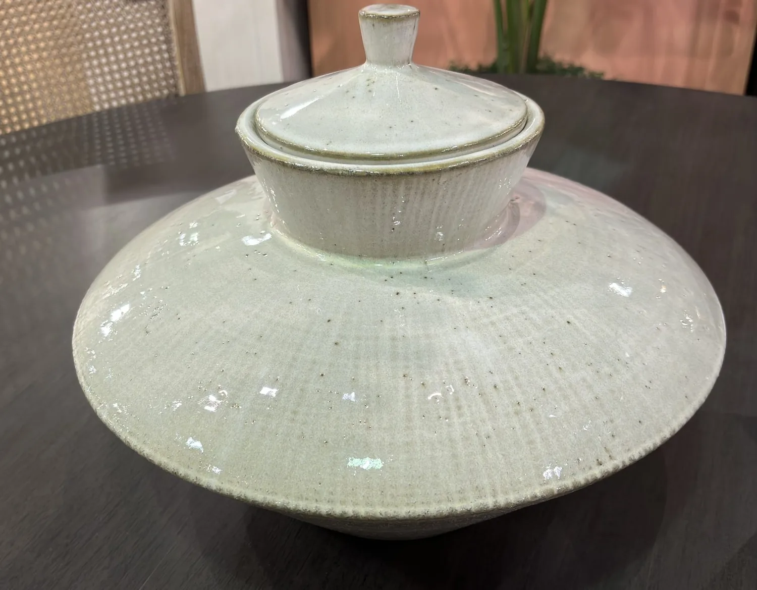 A close-up of a ceramic lidded bowl with a wide rim on a dark wooden table