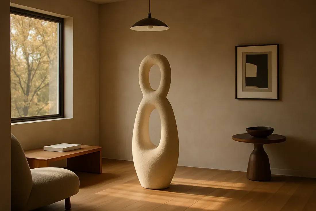 A minimalist living room with a large abstract sculpture, a wooden side table with a bowl, a framed