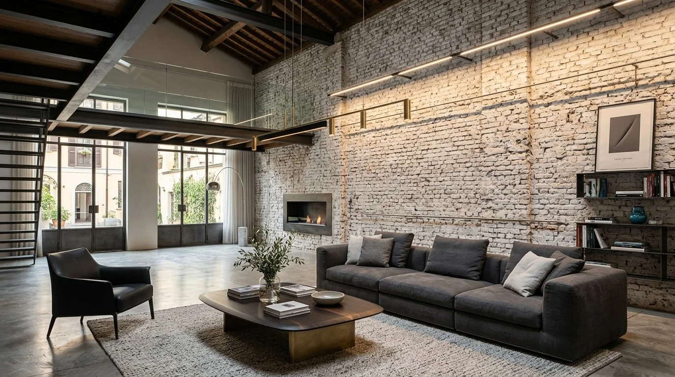 Modern Italian loft living room with a limewashed exposed brick wall, recessed fireplace, gray sofa, and dark timber roof trusses