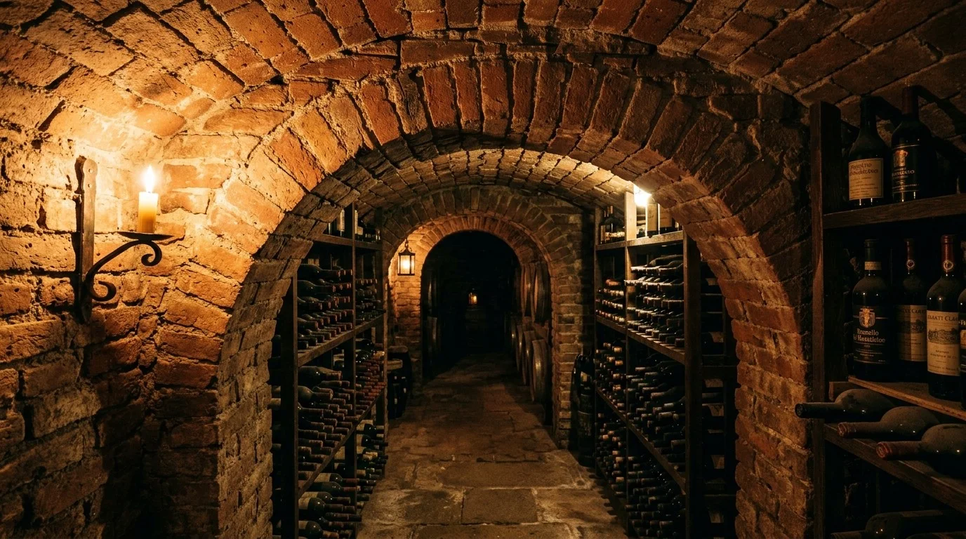 Candlelit brick barrel-vaulted wine cellar in Italy with arched openings and wooden wine racks