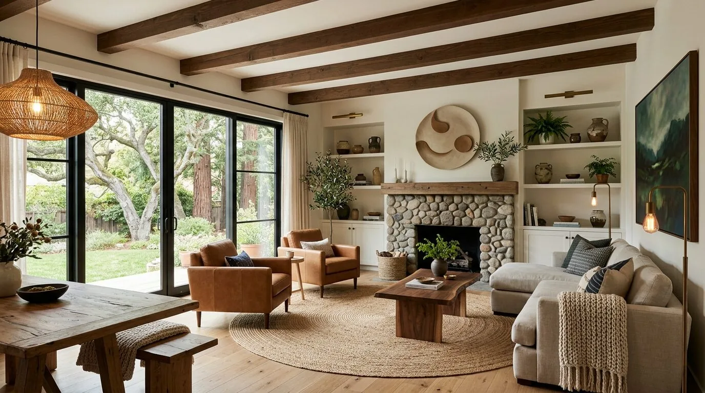 A cozy living room with large glass doors, exposed wooden ceiling beams, a stone fireplace, and neutral-toned furniture