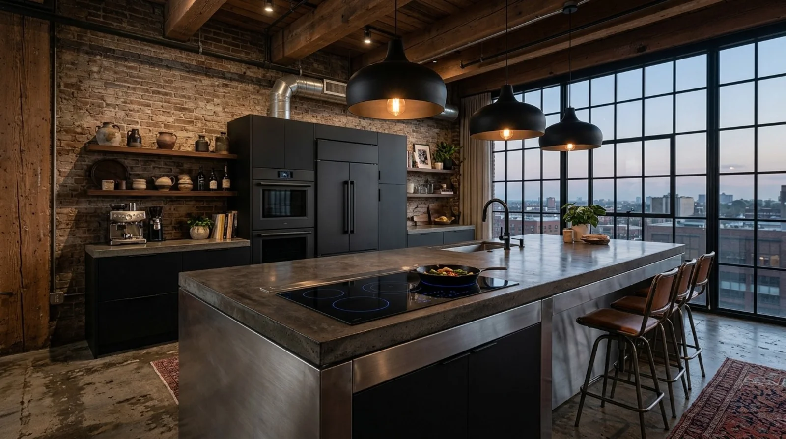 A modern industrial kitchen with exposed brick walls, large windows, and a concrete island with bar stools