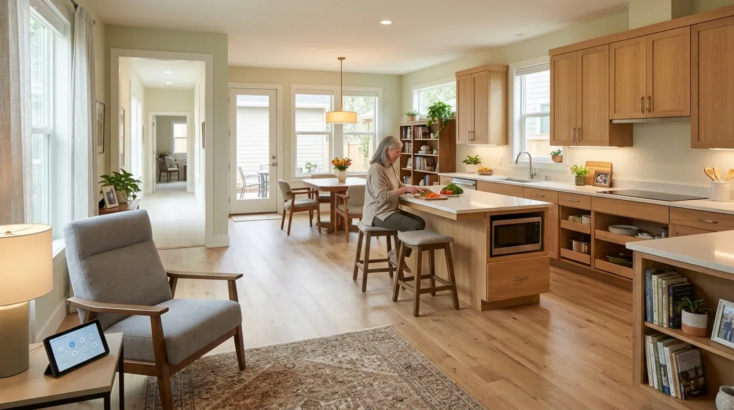 A bright, modern kitchen and dining area with light wood cabinetry, a kitchen island, and a woman preparing food