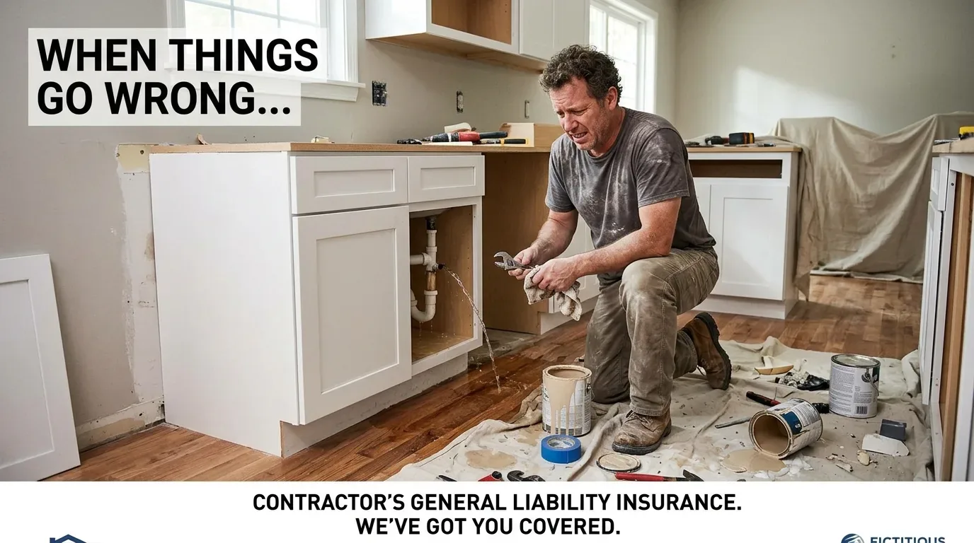A man kneeling on the floor in a kitchen under renovation, trying to fix a leaking pipe under a cabinet