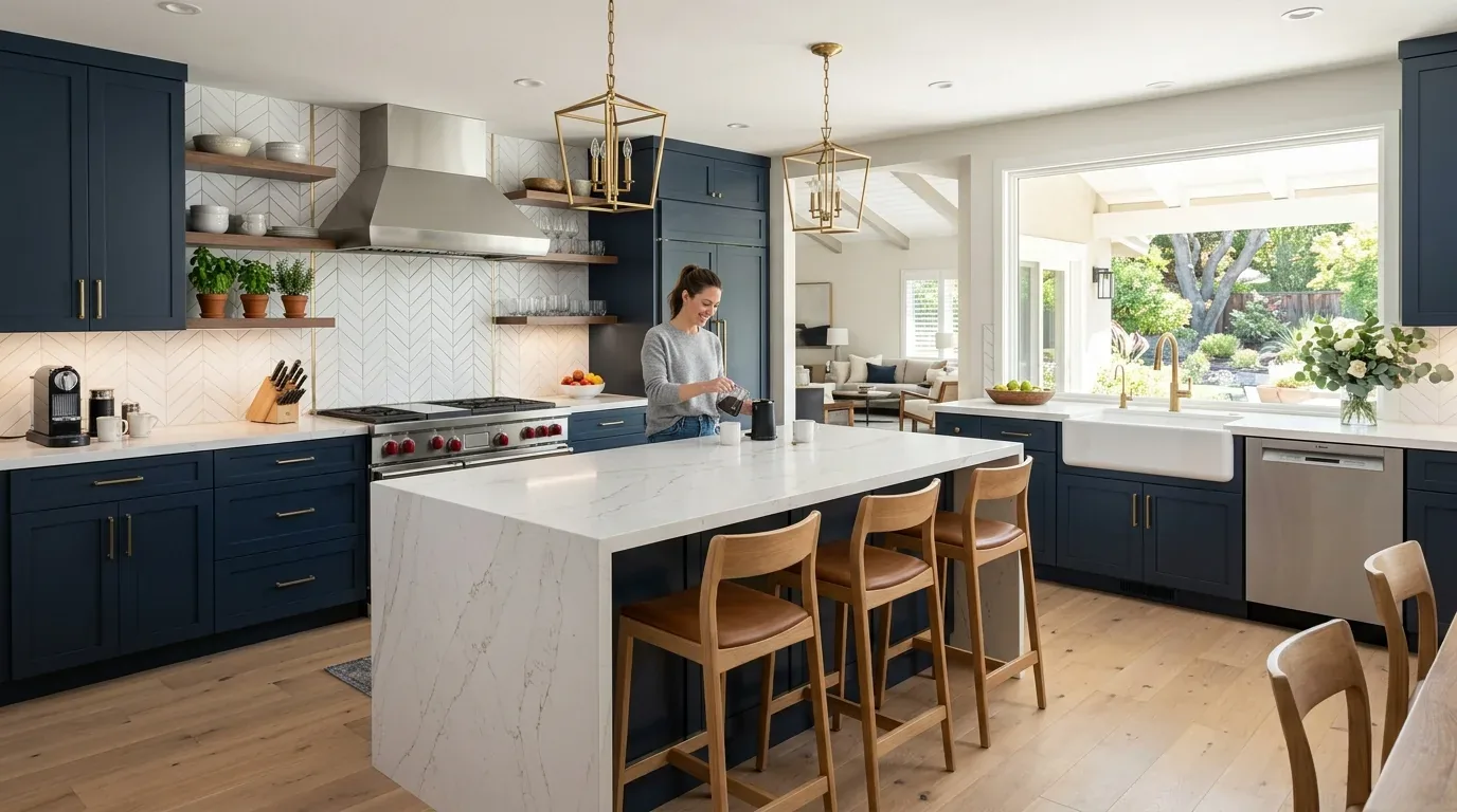 A modern kitchen with navy blue cabinets, a large white marble island, wooden bar stools, and gold pendant lights