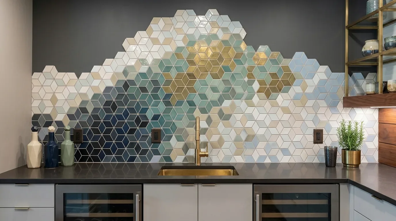 A modern kitchen backsplash with hexagonal tiles in shades of blue, green, gold, and white above a black countertop