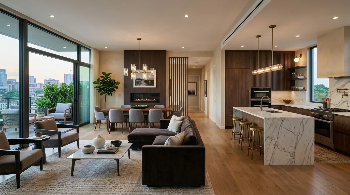 A modern open-concept living, dining, and kitchen area with large windows, marble kitchen island, and wood accents