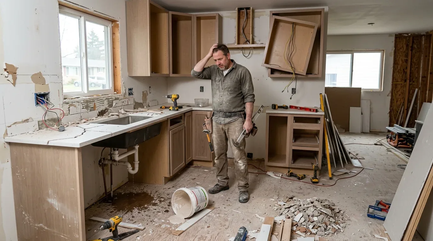 A man stands in a partially renovated kitchen with tools and construction debris scattered around