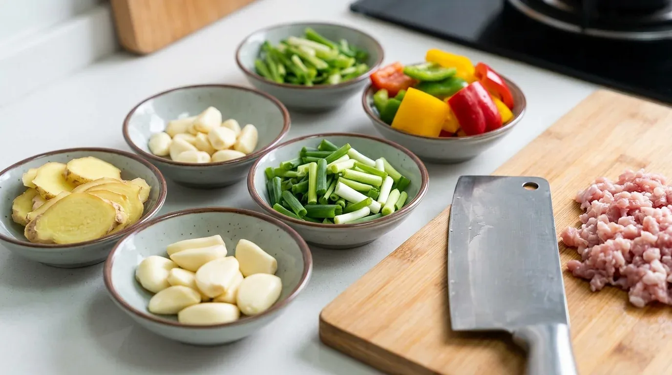 A kitchen countertop with bowls of chopped vegetables and garlic, a cleaver, and minced meat on a wooden cutting board