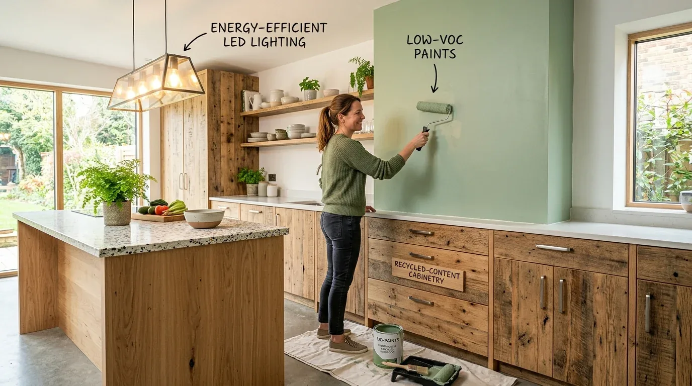 A woman painting a green wall in a kitchen with wooden recycled-content cabinetry and energy-efficient LED lighting