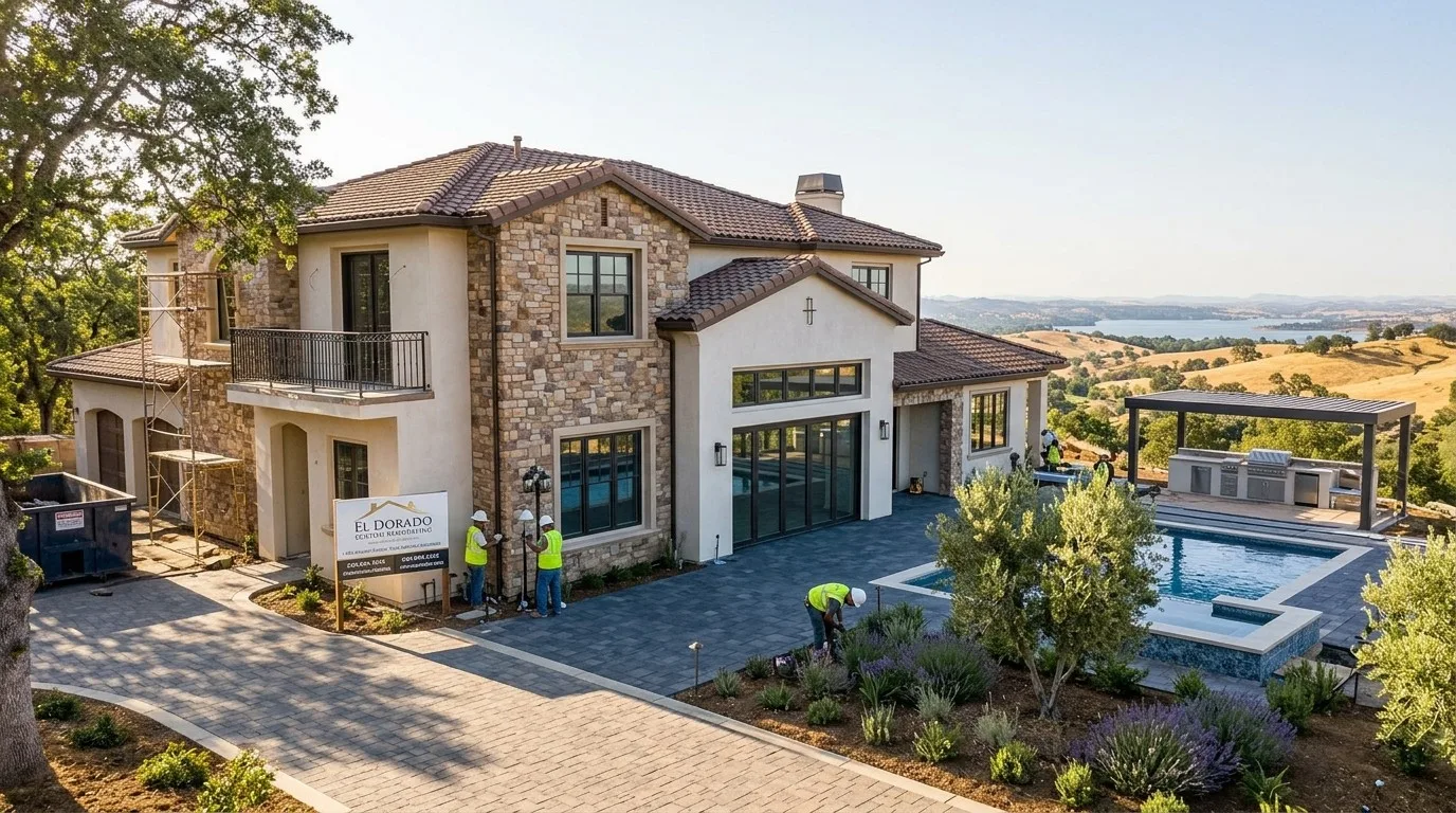 A large modern Mediterranean-style house with stone and stucco exterior, a tiled roof, a pool, outdoor kitchen