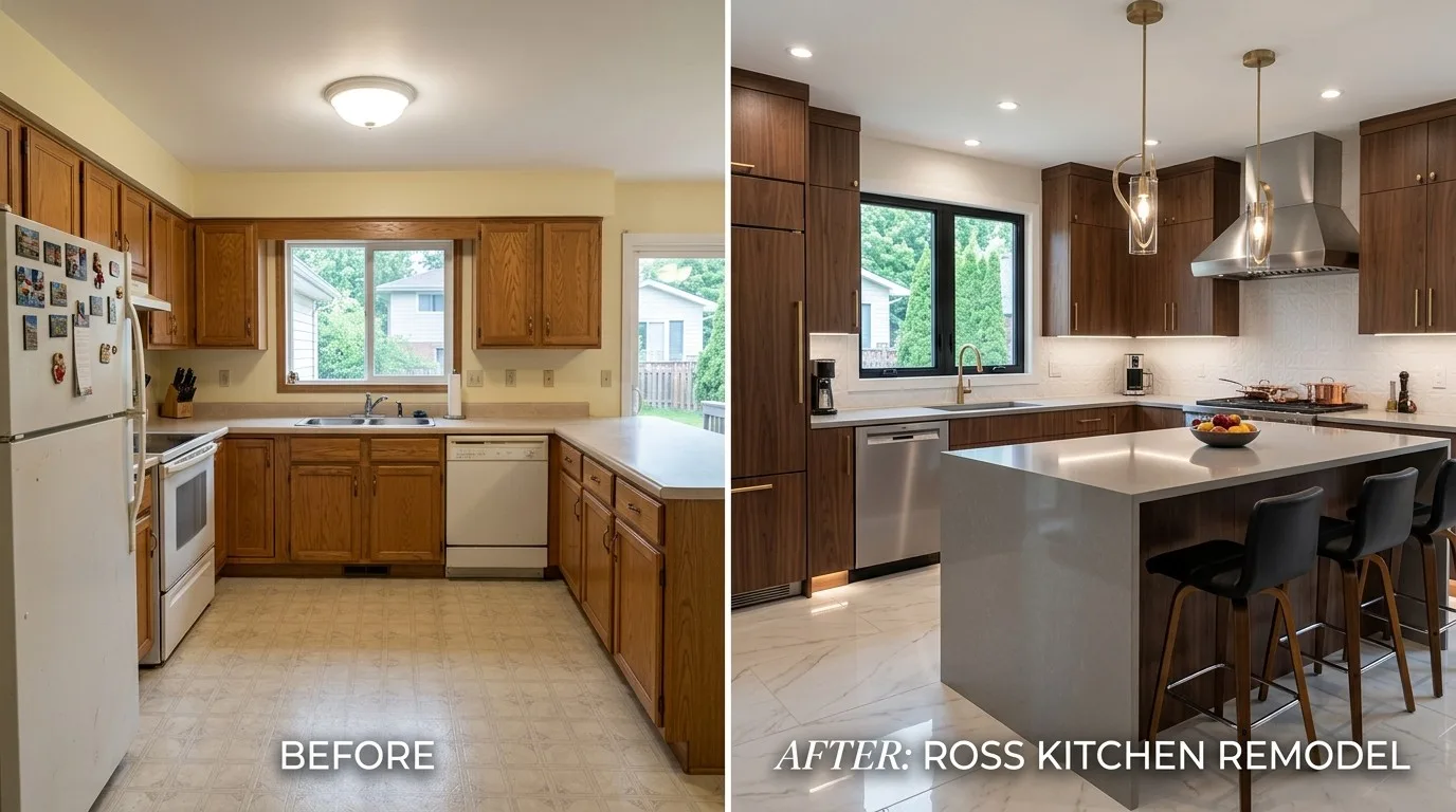 Side-by-side comparison of a kitchen before and after a remodel, showing a transformation from a dated design