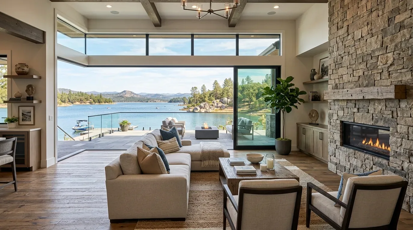 A modern living room with a large sectional sofa, stone fireplace, wooden beams, and a view of a lake through large glass doors