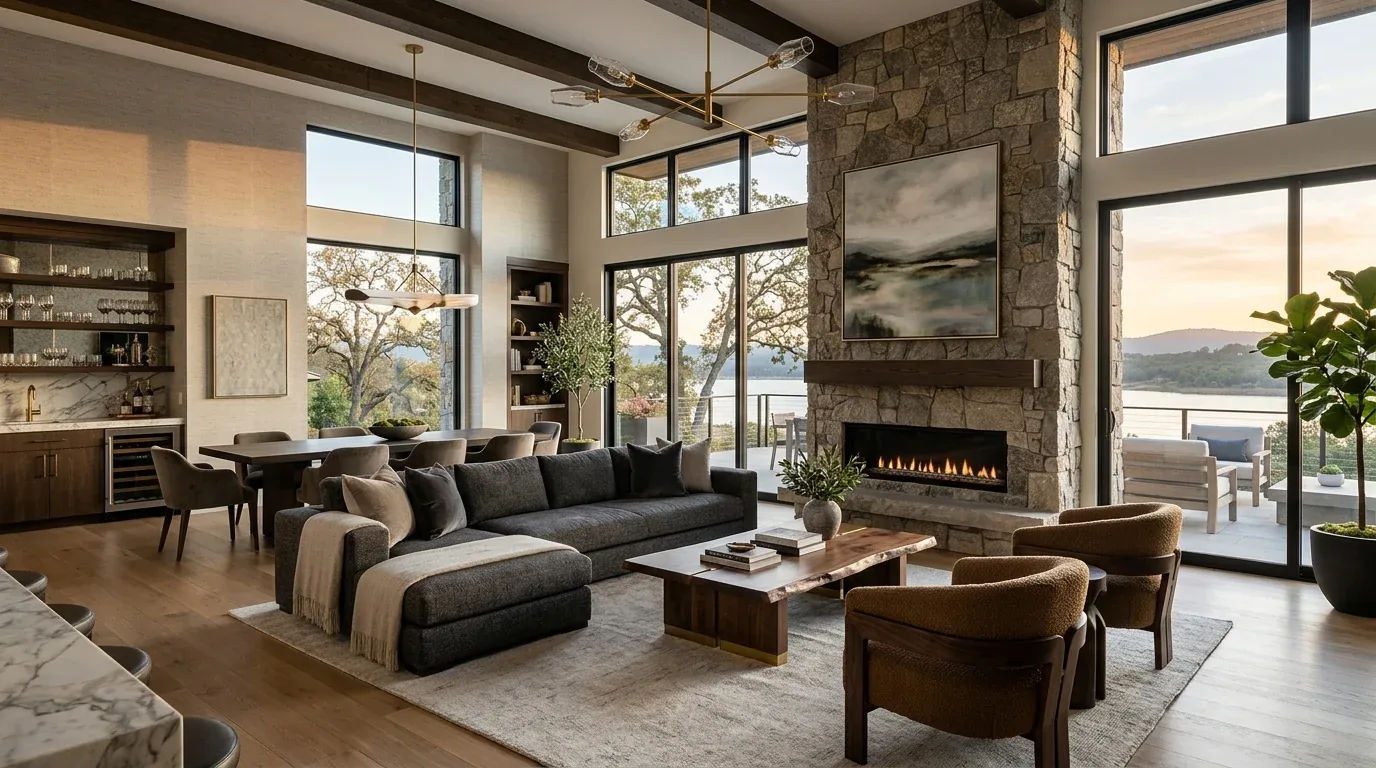 A spacious living and dining area with large windows, a stone fireplace, modern furniture, and a view of a lake and trees outside