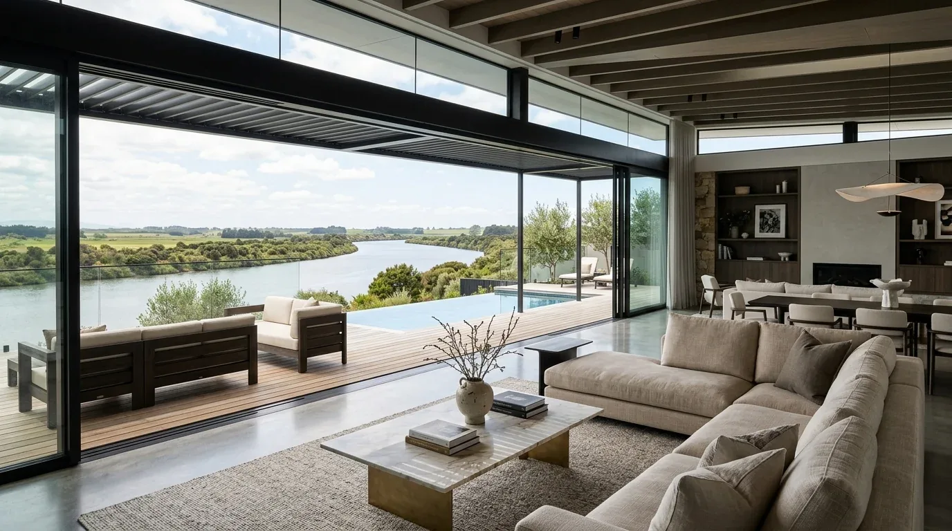 A modern living and dining area with large glass sliding doors opening to a deck with outdoor seating and a river view