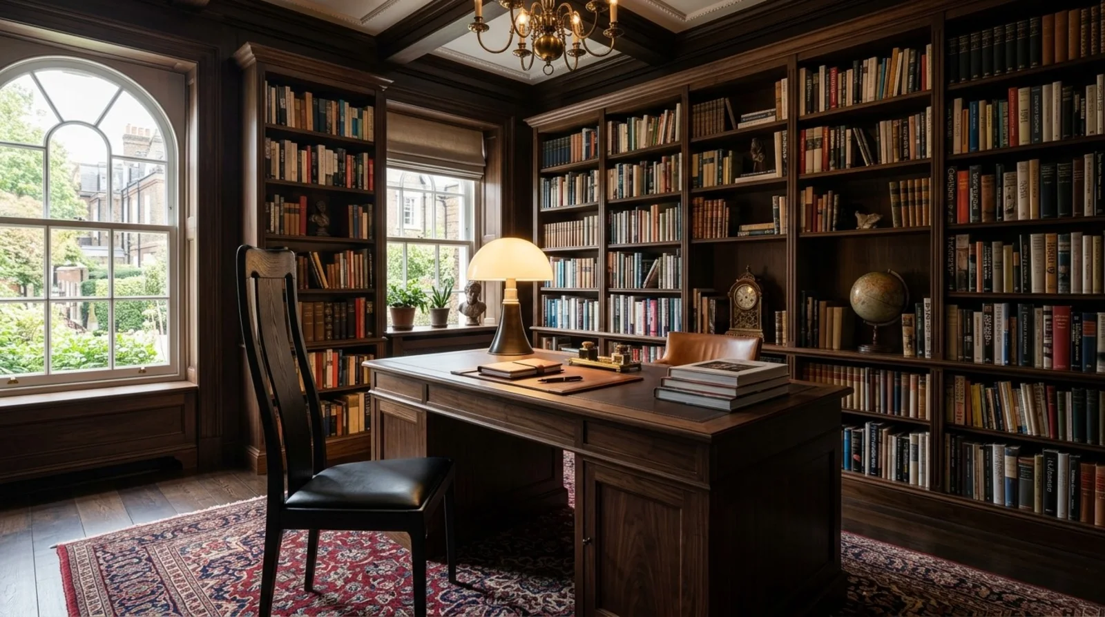 A traditional home office or library with dark wood bookshelves filled with books, a wooden desk, a black chair