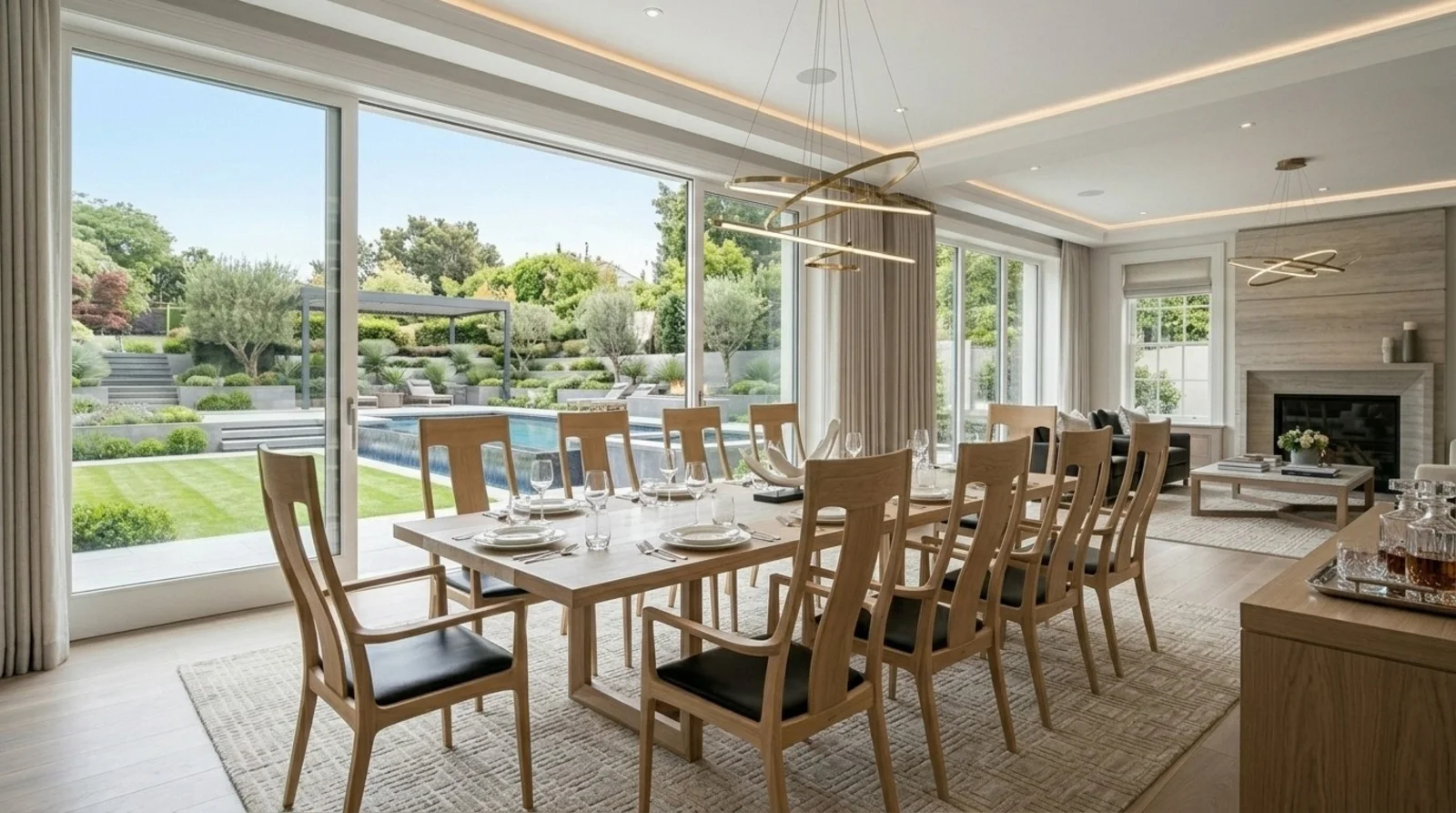A modern dining room with a large wooden table and chairs, set with plates and glasses, overlooking a landscaped