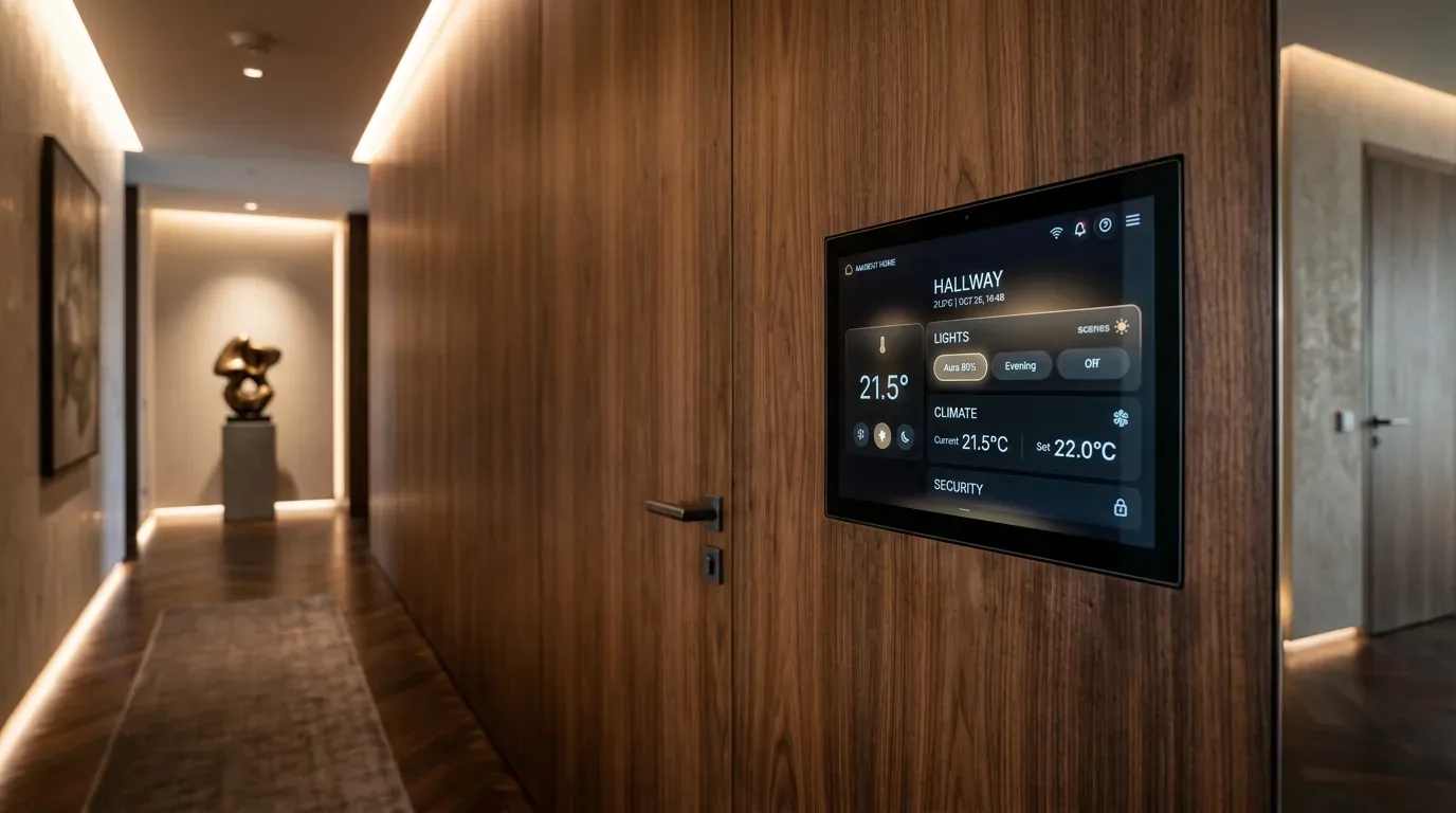 A modern hallway with wood panel walls featuring a smart home control panel displaying lighting, climate, and security settings