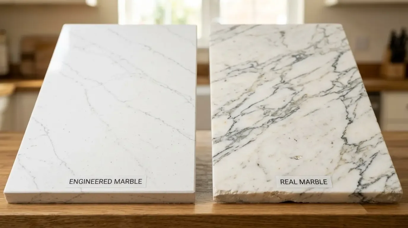 Two marble slabs displayed side by side on a wooden surface, labeled as engineered marble and real marble