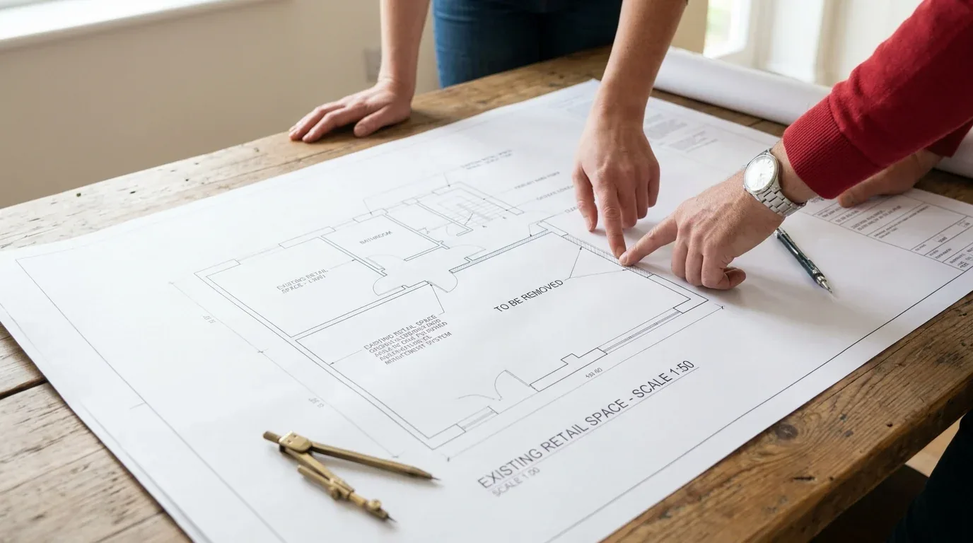 Two people pointing at a floor plan blueprint on a wooden table with a compass nearby