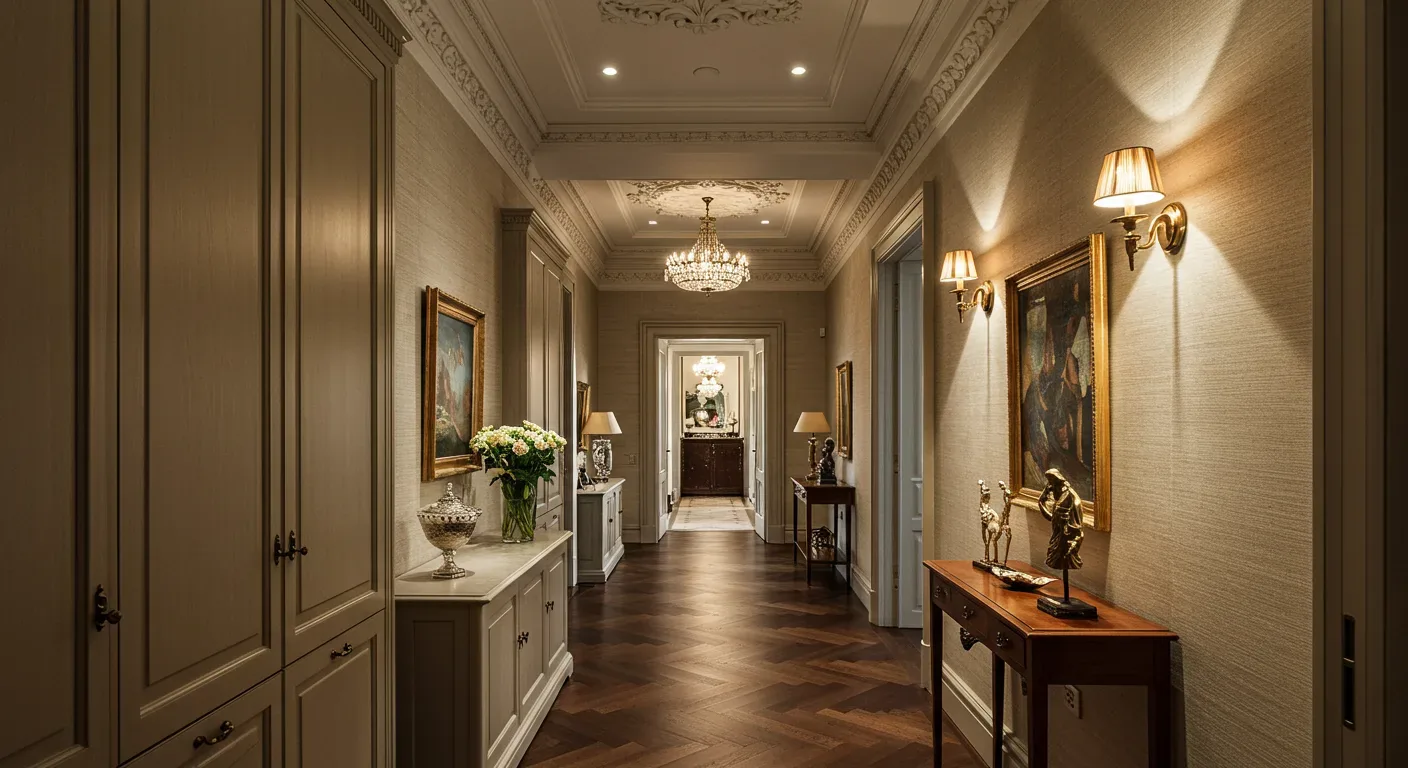 A long, elegant hallway with classic decor, wooden flooring, wall sconces, framed paintings, and decorative furniture