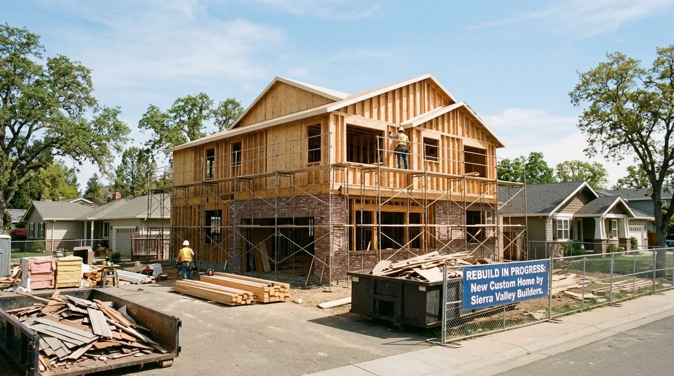 A two-story house under construction with scaffolding and construction materials around it