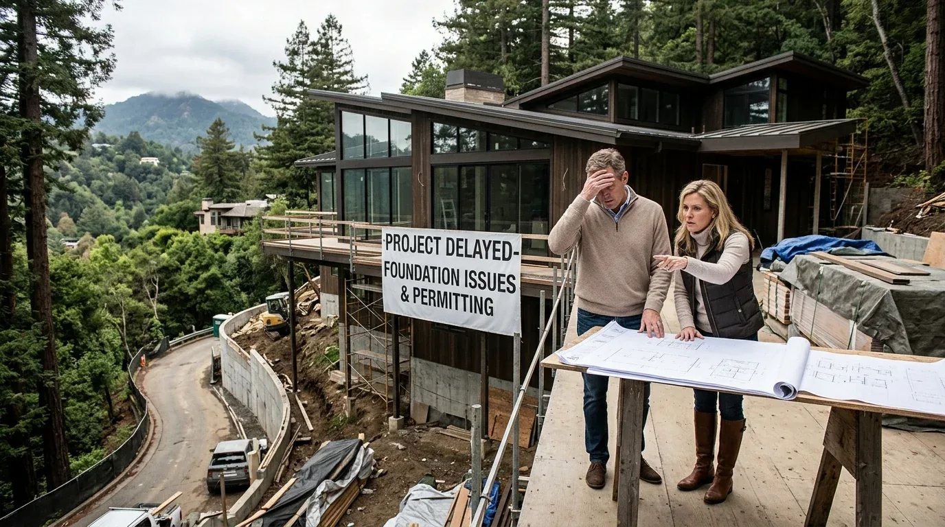 Two people reviewing blueprints at a construction site of a modern house in a forested mountainous area with a sign indicating project delays