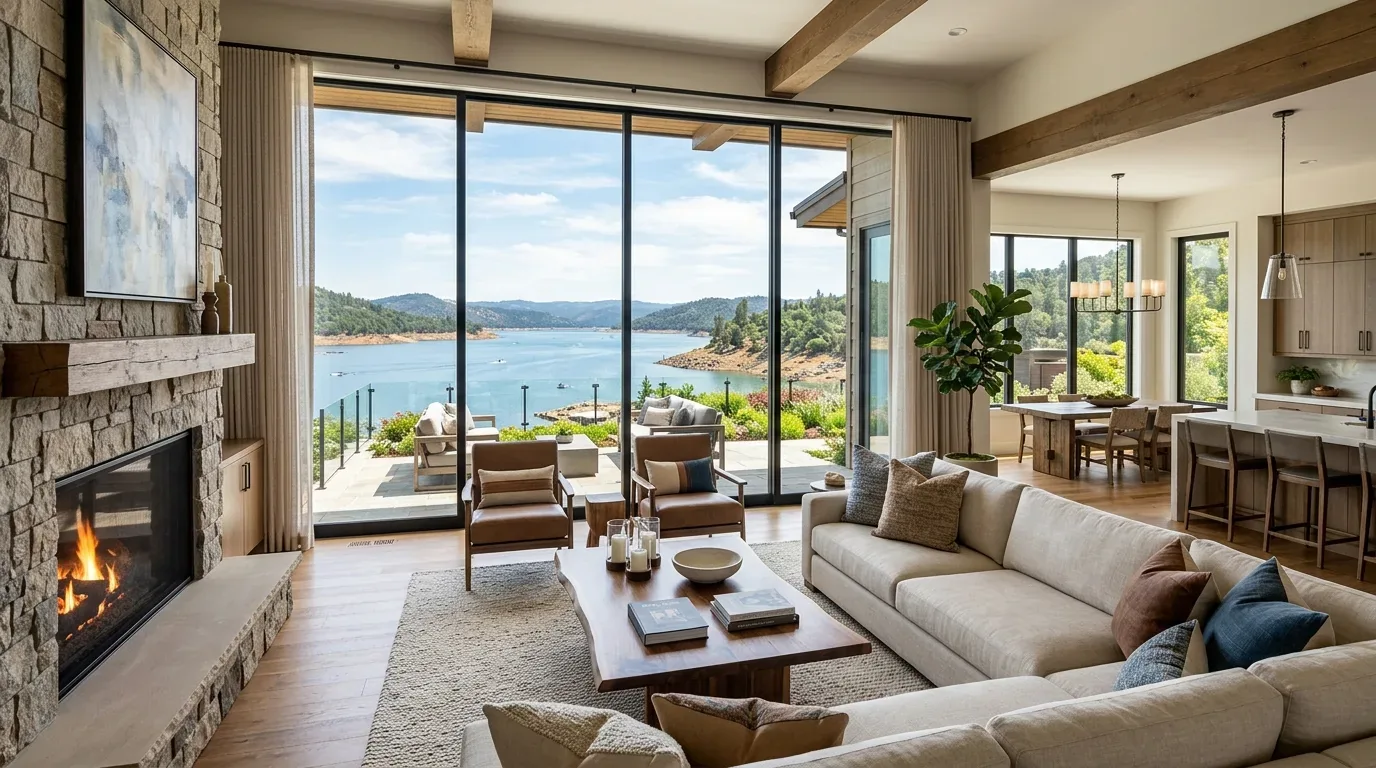 A modern living room with a large sectional sofa, stone fireplace, wooden beams, and floor-to-ceiling windows overlooking a lake and mountains