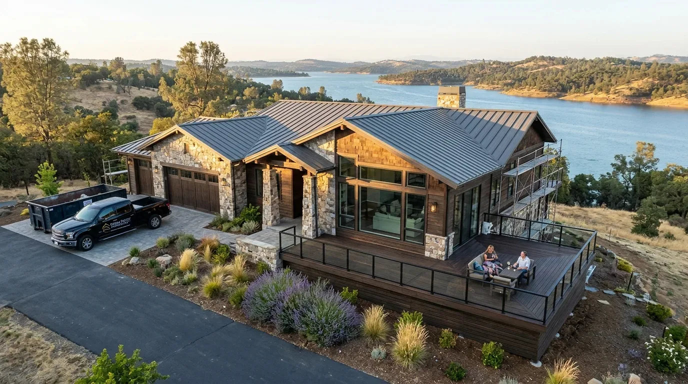 A modern lakeside house with stone and wood exterior, a large deck with seating, and a scenic view of the lake