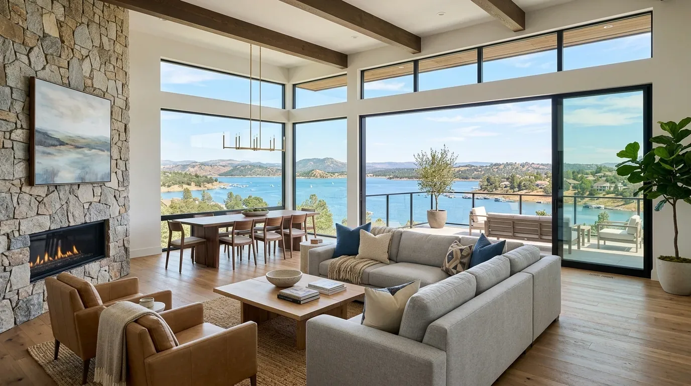 A modern living and dining area with large windows overlooking a lake, featuring a stone fireplace, wooden beams, and neutral-toned furniture