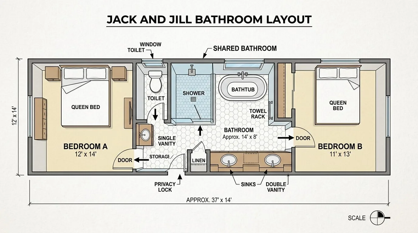 A floor plan layout of a Jack and Jill bathroom shared between two bedrooms, each with a queen bed