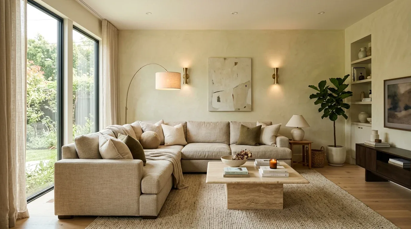 A modern living room with a large beige sectional sofa, a square stone coffee table, wall sconces, and large windows overlooking a garden