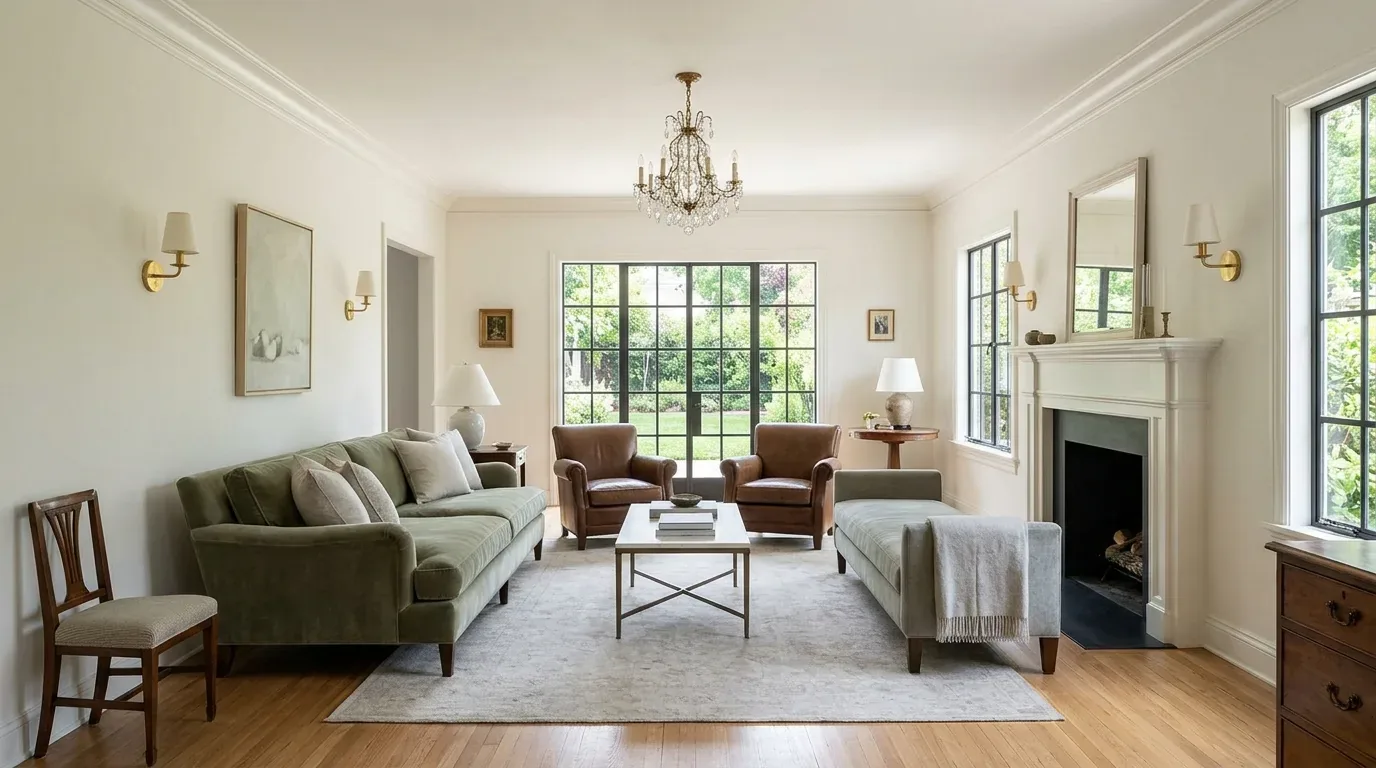 A bright and elegant living room with large windows, a chandelier, two green sofas, two brown leather armchairs, a fireplace, and wooden flooring
