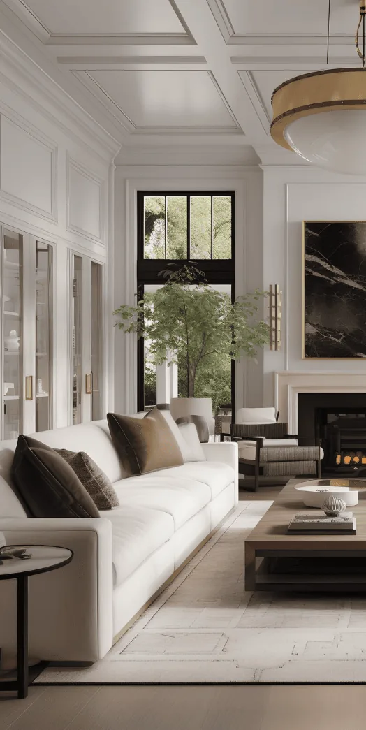 A modern living room with a white sofa, large windows, a fireplace, and a coffee table