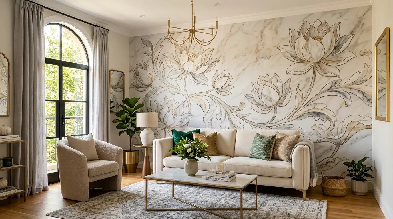 A modern living room with a large floral mural on the wall, a cream sofa with colorful pillows, a marble coffee table, and a large arched window with curtains